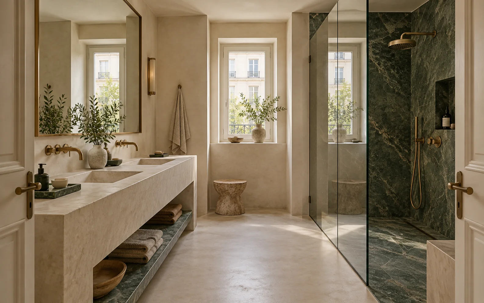 Visualización de baño renovado con ducha amplia y piedra verde