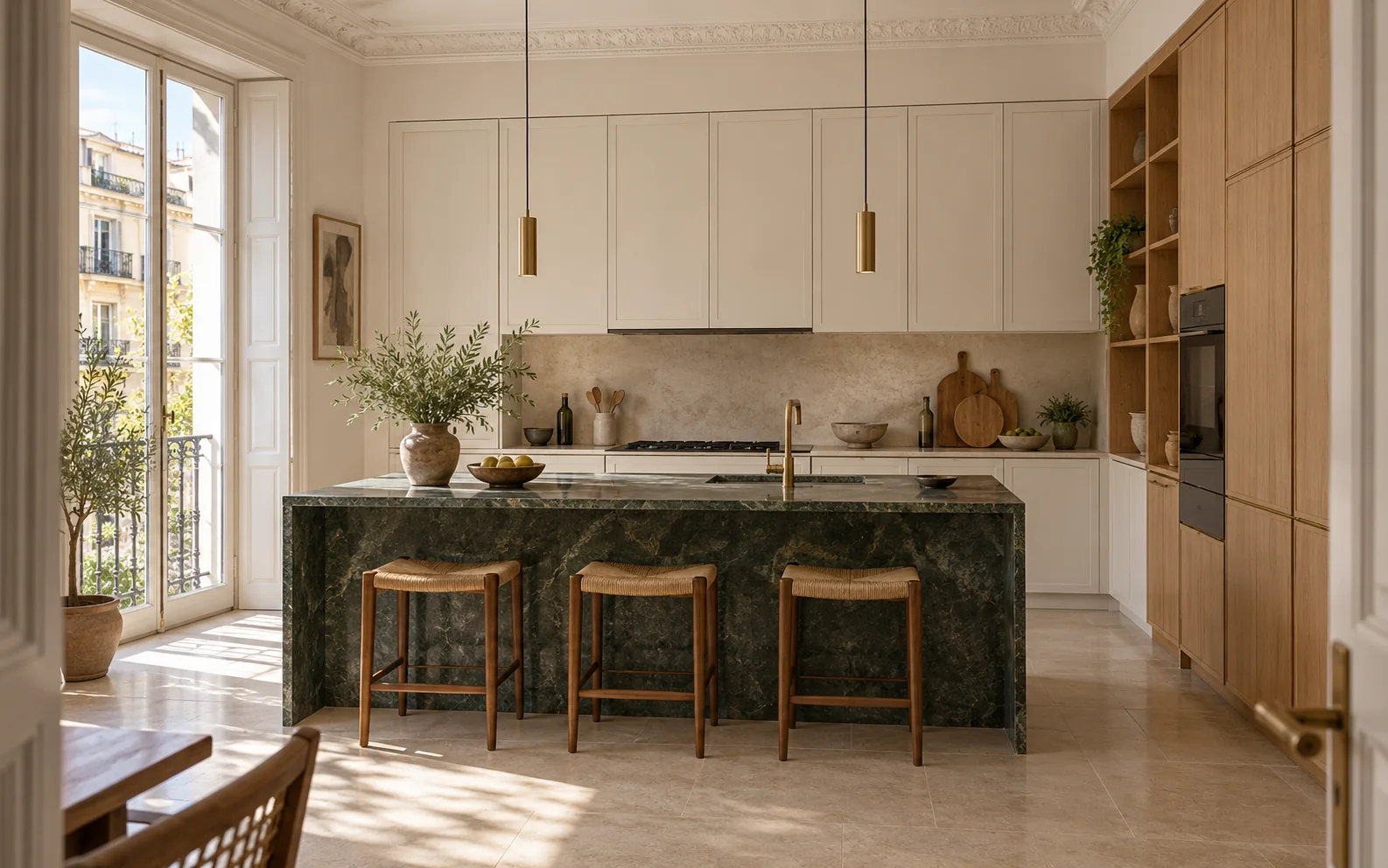 Visualización de cocina renovada con isla de piedra verde